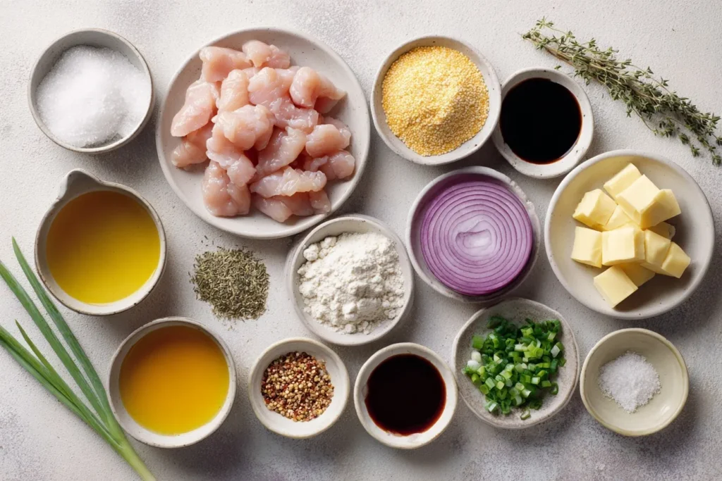 Ein Teller mit saftigem Honig-Knoblauch-Hähnchen, glasiert in einer goldbraunen Sauce, garniert mit Sesamkörnern und Frühlingszwiebeln, serviert mit gedämpftem Reis und knackigem Gemüse.