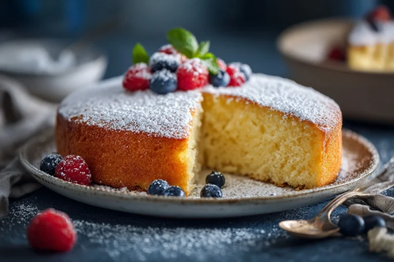 Angeschnittener schneller glutenfreier Kuchen auf Holzunterlage, feuchte lockere Krume mit gleichmäßiger Struktur, Puderzucker auf Oberfläche, warmes Tageslicht