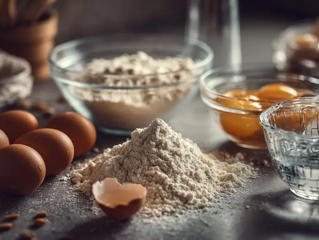 Low Carb Spätzle Zutaten aus Mandelmehl, Flohsamenschalen, Eiern, Wasser, Salz und Backpulver übersichtlich angerichtet