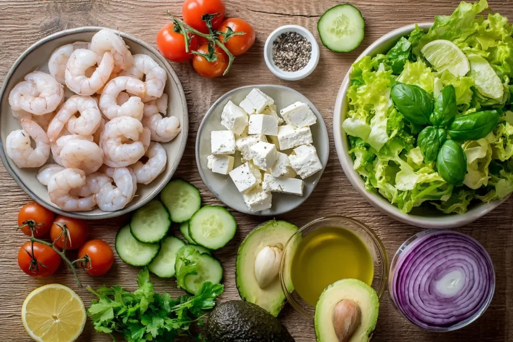 Salat mit Garnelen Zutatenübersicht mit frischen Garnelen, Feta, Avocado, Tomaten, Gurke und gemischtem Salat