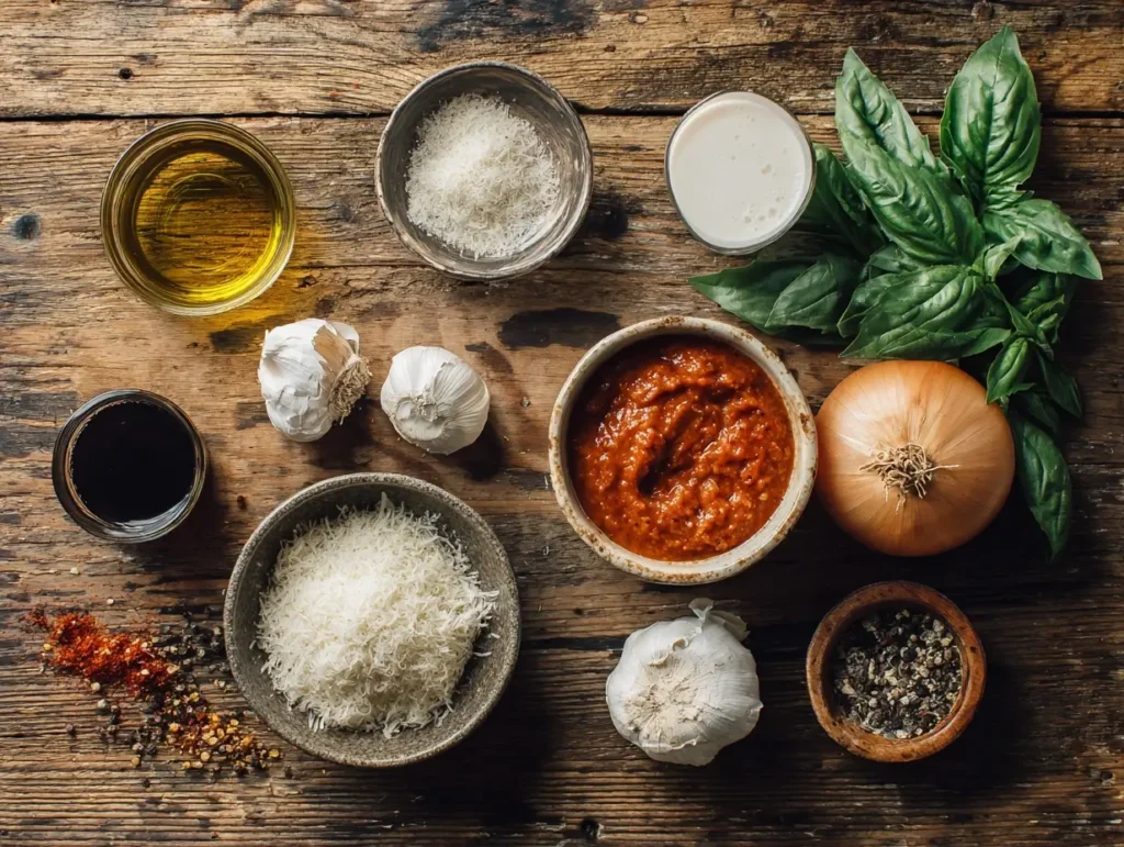 Low Carb Nudelsoße Zutaten mit Olivenöl, Zwiebel, Knoblauch, Tomatenmark, Kokosmilch, Parmesan und frischem Basilikum