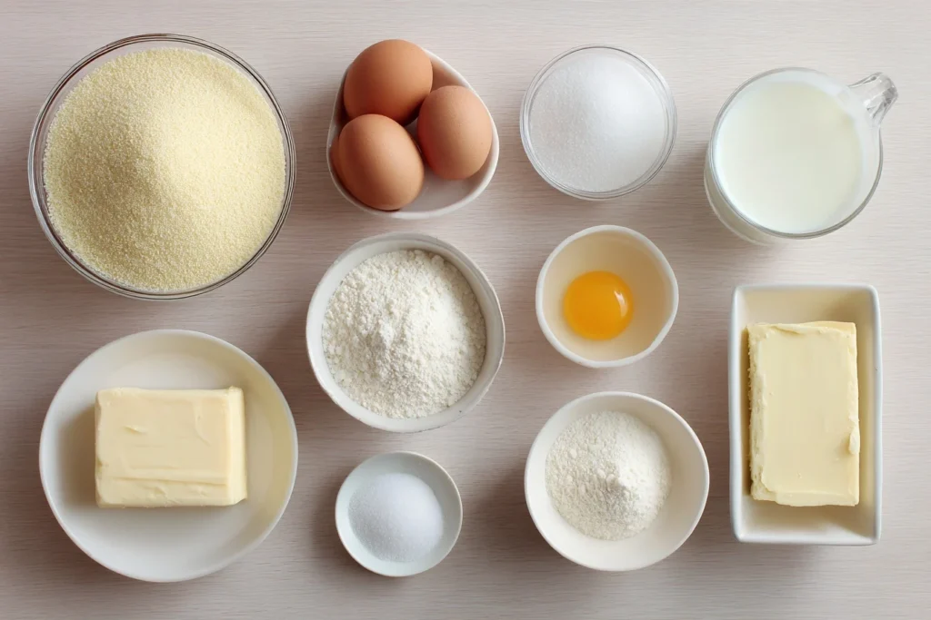 Grieß Kuchen Zutaten: Weichweizengrieß, Zucker, Eier, Milch, Butter, Vanillezucker, Backpulver, Zitronensaft und Salz für ein leckeres Rezept.