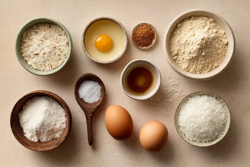 Keto Cookies Zutaten auf einem Tisch: gemahlene Mandeln, Kokosmehl, Erythritol, Ei, Kokosöl, Vanilleextrakt, Backpulver und Salz