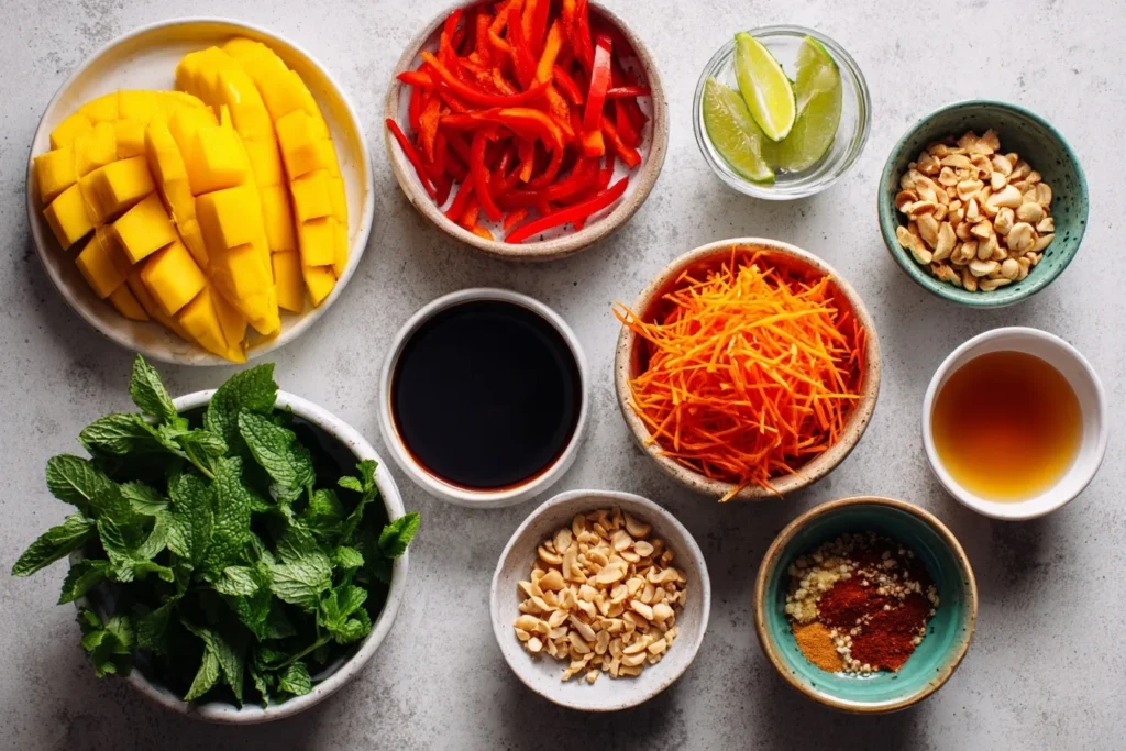 Frische Zutaten für einen Mango Salat auf heller Steinplatte: reife Mangos, Karotten-Julienne, rote Paprika, Koriander, Minze, geröstete Erdnüsse, Chilischote und Dressing-Zutaten wie Fischsauce, Limettensaft, Reisessig, Sesamöl und Sojasauce