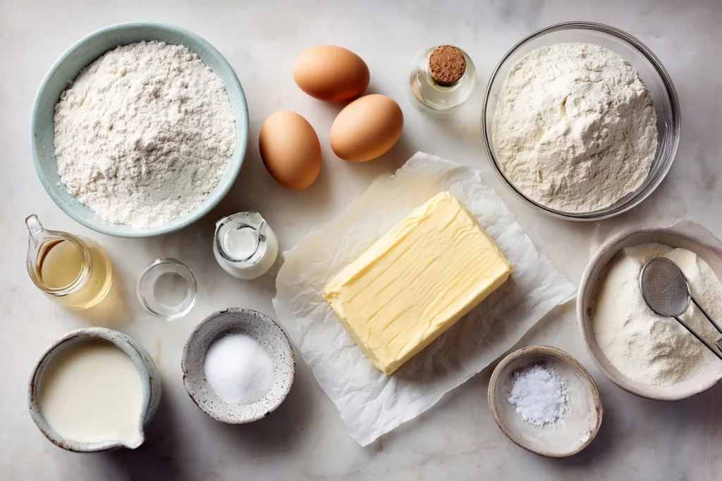 Alle Zutaten für einen schnellen glutenfreien Kuchen: glutenfreies Mehl, Zucker, Eier, geschmolzene Butter, Backpulver, Vanilleextrakt, Milch, Salz und Puderzucker auf rustikaler Küchenfläche