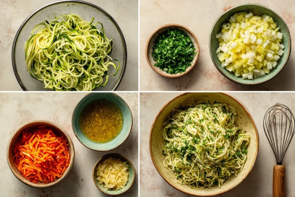 Zubereitung von Low Carb Nudelsalat mit vier Schritten vom Schneiden der Zutaten bis zum Mischen mit Dressing