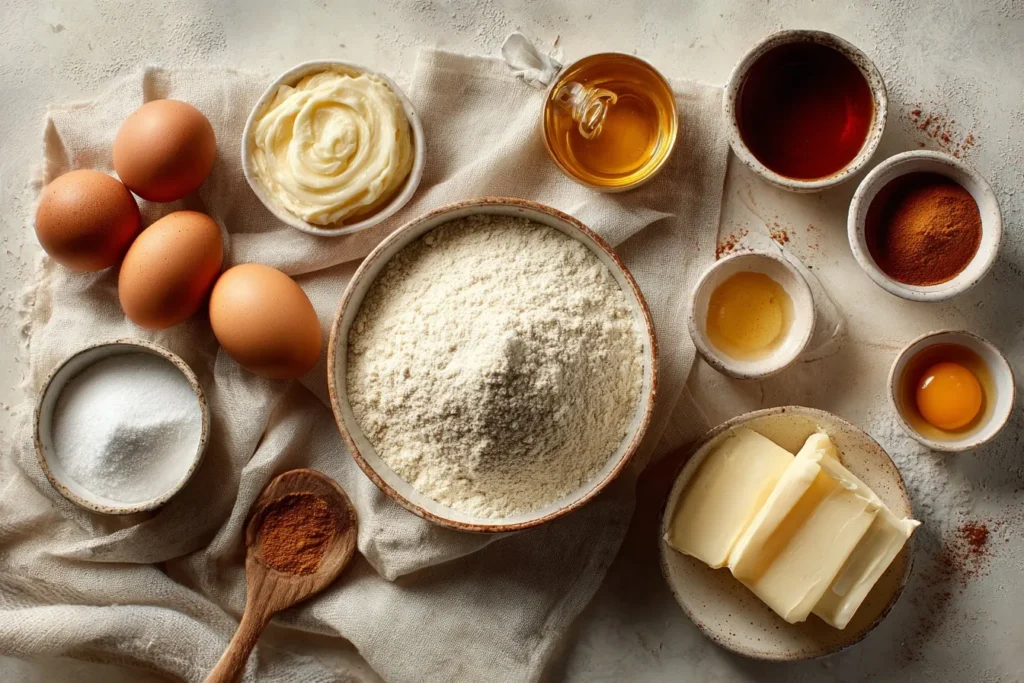 Low Carb Zimtschnecken Zutaten mit Mandelmehl, Eiern, Frischkäse, Butter, Zimt und Erythrit übersichtlich angerichtet