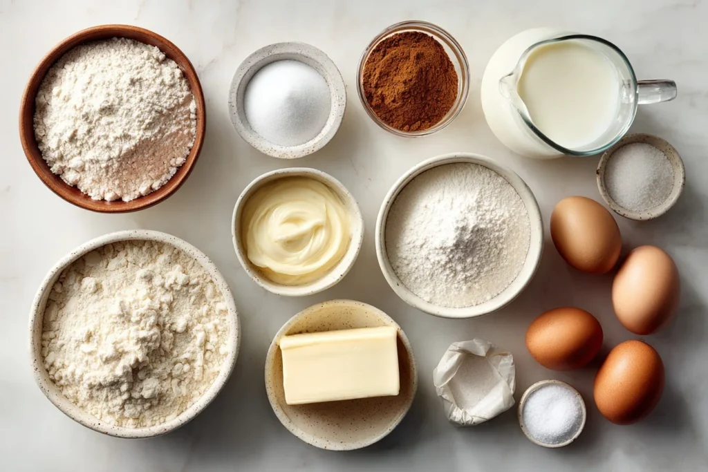Zimtschneckenkuchen Zutaten übersichtlich auf einem Küchentisch arrangiert mit Mehl, Zucker, Hefe, Milch, Butter, Eiern und Zimt.