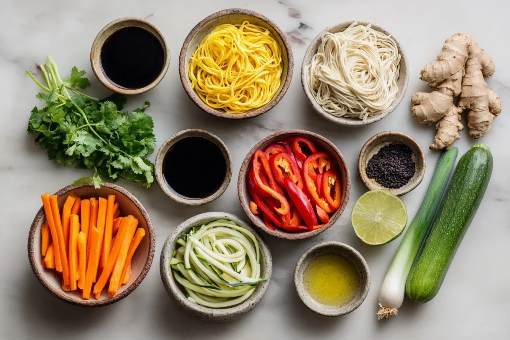 Mie Nudeln Vegan Zutaten mit frischem Gemüse, Sojasauce, Sesamöl, Limette und Koriander
