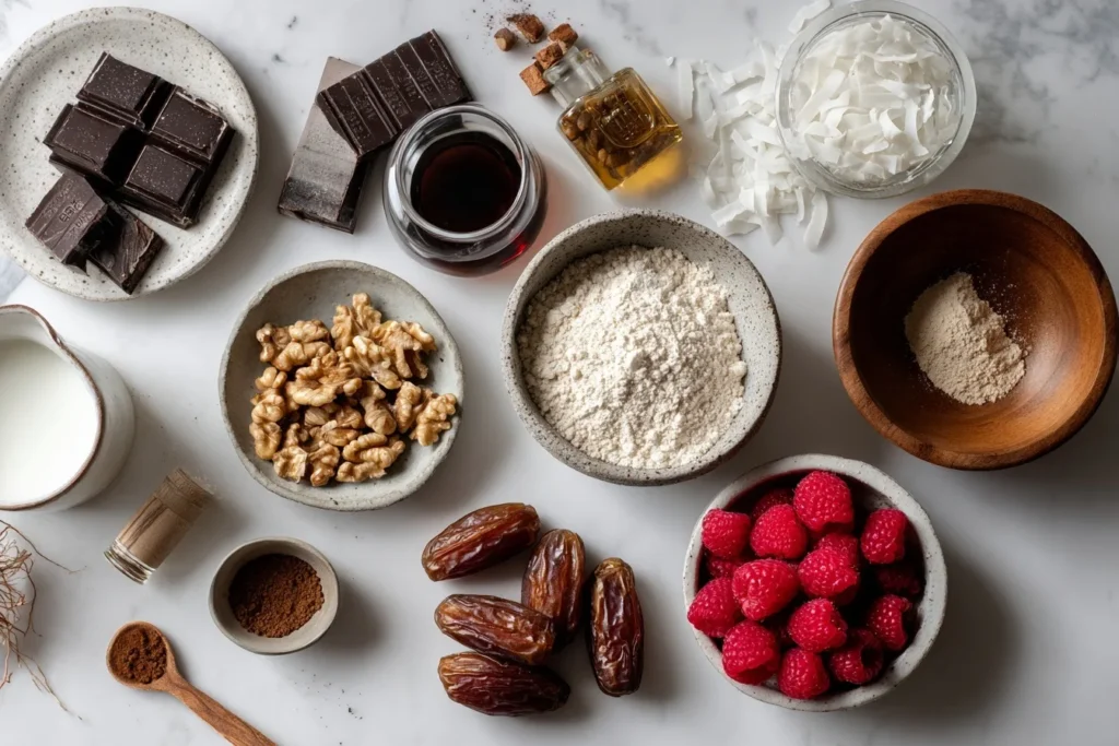Dessert Vegan Weihnachten Zutaten mit veganer Schokolade, Kokosmilch, Mandeln, Datteln, Walnüssen und Beeren