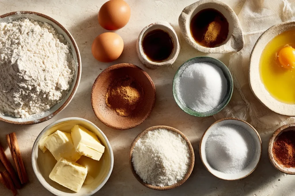 Zutaten für Faule Weiber Kuchen auf einem Holzbrett angerichtet, inklusive Mehl, Eier, Quark, Zucker und Butter