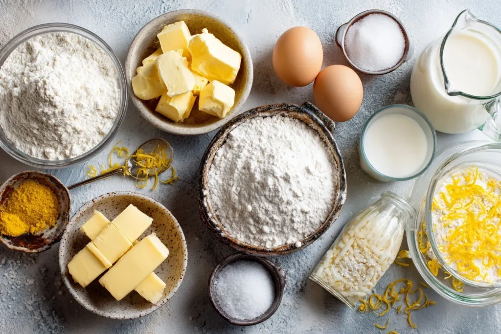 Frische Zutaten für einen Kuchen Thermomix: Butter, Zucker, Eier, Mehl, Backpulver, Vanillezucker, Milch und Zitronenabrieb auf hellem Küchenarbeitsplatz