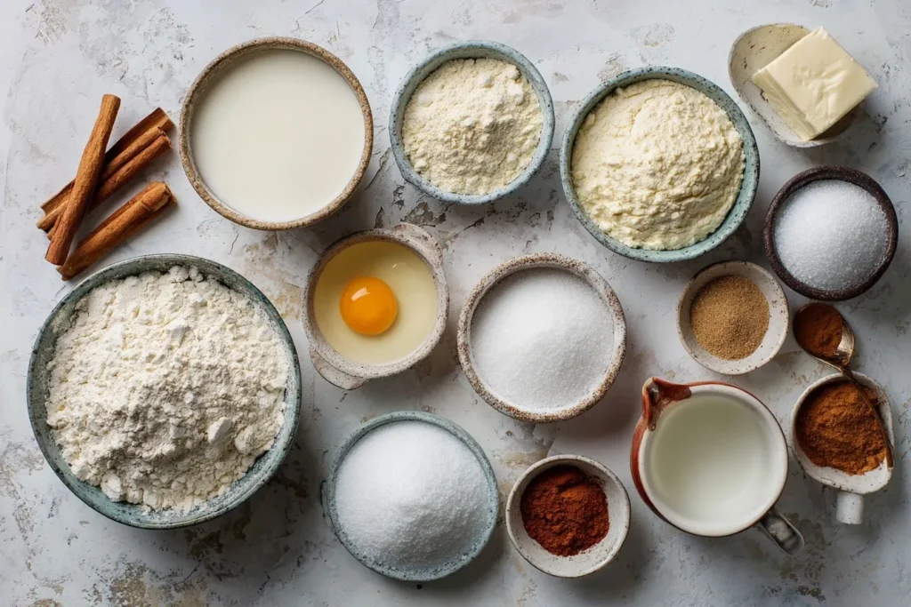 Zutaten für Hermann Kuchen auf dem Küchentisch, Mehl, Zucker, Eier, Milch, Butter, Hefe, Vanillezucker, Zimt, Backpulver und Salz.