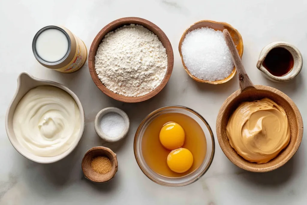 Keto Eis Zutaten mit Kokosmilch, Sahne, Erythrit, Eigelb, Vanilleextrakt und Nussbutter übersichtlich angerichtet