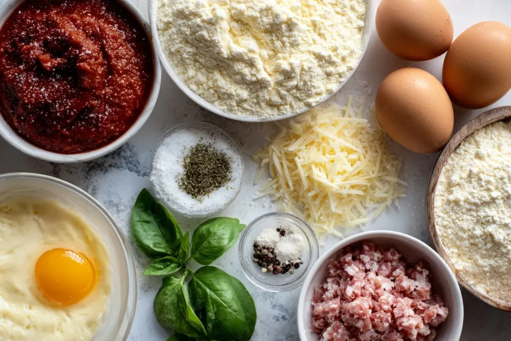 Pizzaschnecken Low Carb Zutaten mit Mandelmehl, Frischkäse, Ei, Tomatenmark, Käse, Kräutern und Basilikum