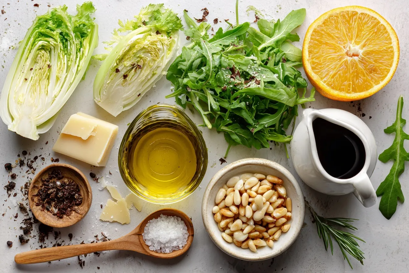 Frische Zutaten für einen Fenchel Salat Italienisch auf hellem Stein: Knackiger Fenchel, Rucola, Orange, Parmesan, Olivenöl, weißer Balsamico, Honig, Pinienkerne und frische Kräuter