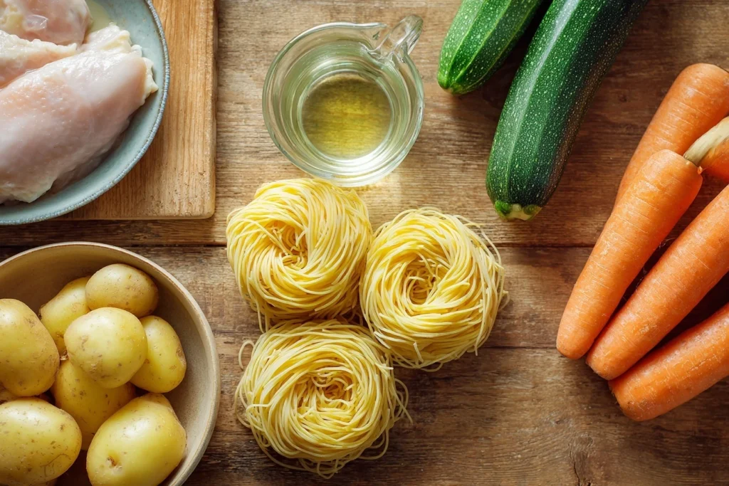 Babybrei mit Nudeln Zutaten bestehend aus Vollkornnudeln, Karotten, Zucchini, Kartoffel und Hühnerbrust auf einem Tisch