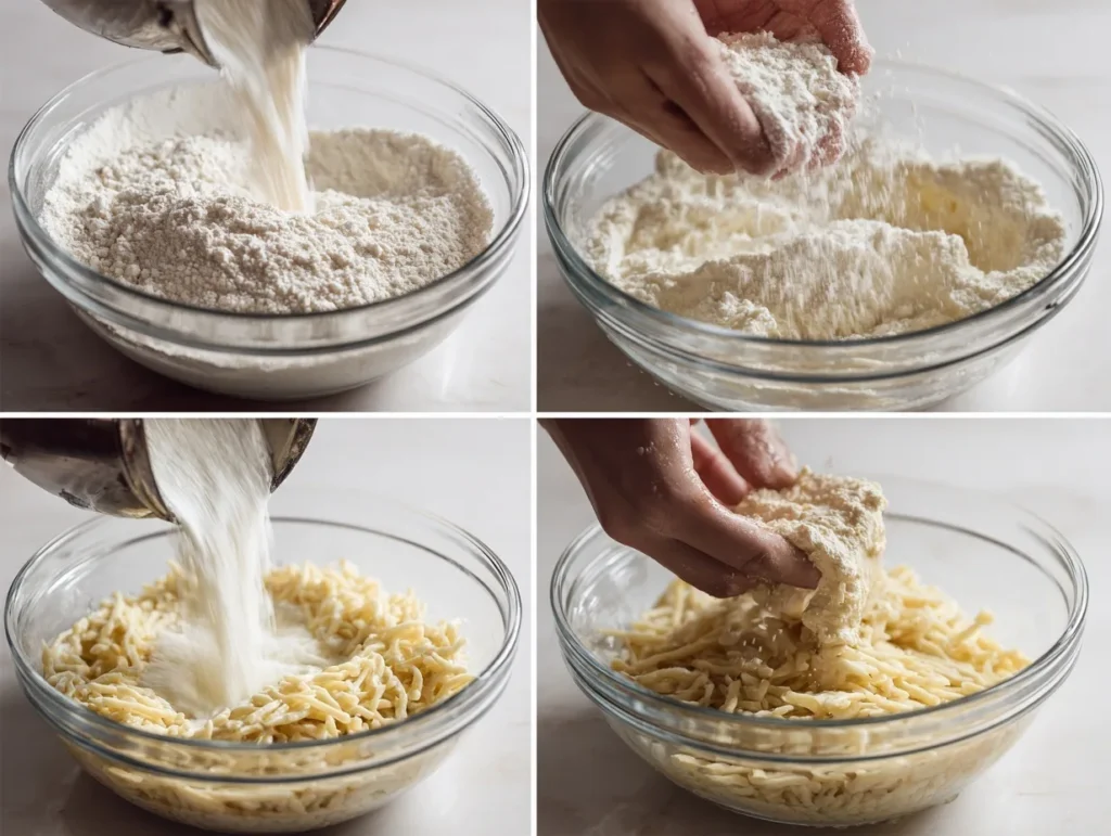 Low Carb Spätzle Zutaten aus Mandelmehl, Flohsamenschalen, Eiern, Wasser, Salz und Backpulver übersichtlich angerichtet