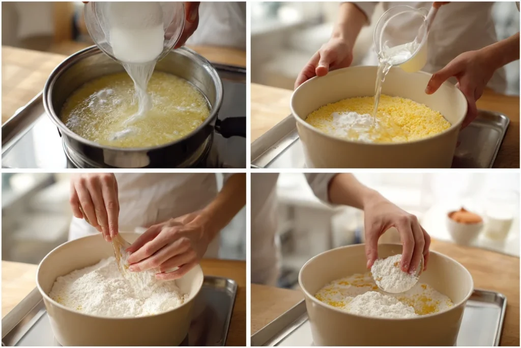 Schritt-für-Schritt Zubereitung eines Grieß Kuchens: Milch und Grieß kochen, Eier und Butter mischen, alles vereinen für einen cremigen Teig.