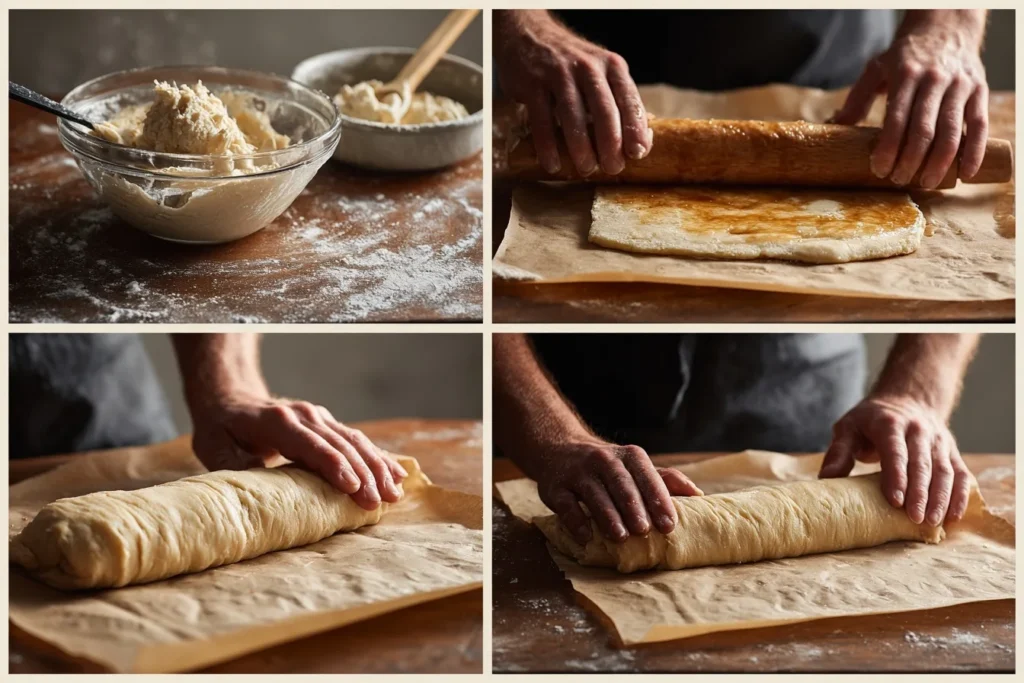 Zubereitung von Low Carb Zimtschnecken mit Teig ausrollen, Zimtfüllung verteilen und Teig aufrollen