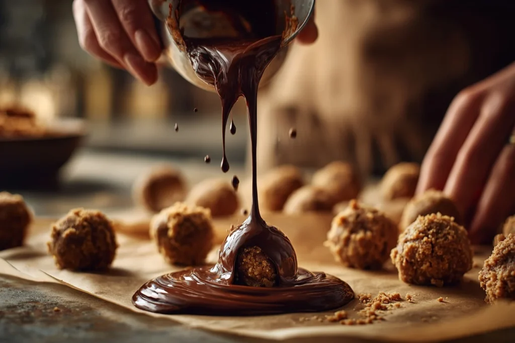 Dessert Vegan Weihnachten Zubereitung mit geschmolzener Schokolade, Datteln, Nüssen und Kokosmilch