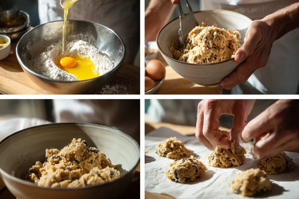 Keto Cookies Zubereitung: Teig aus gemahlenen Mandeln, Kokosmehl und Erythritol mischen, Ei und Kokosöl hinzufügen, Kekse formen