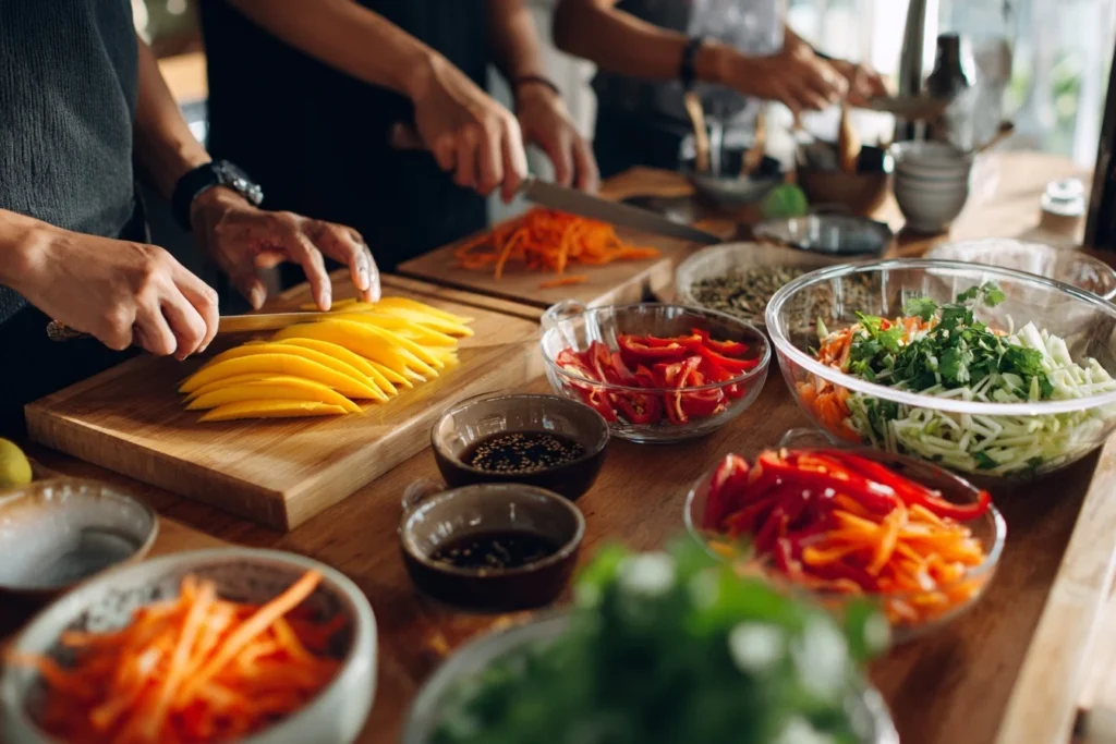 Zubereitung eines Mango Salat in vier Schritten: Mangos in Streifen schneiden, Karotten und Paprika julienneren, Dressing aus Fischsauce und Limettensaft anrühren und alle Zutaten vorsichtig vermengen