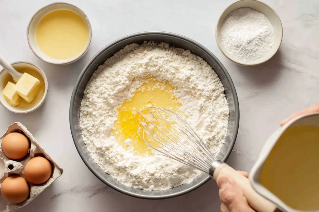 Zubereitungsschritte für Faule Weiber Kuchen mit Teig in einer Schüssel, Rühren und Einfüllen in Springform