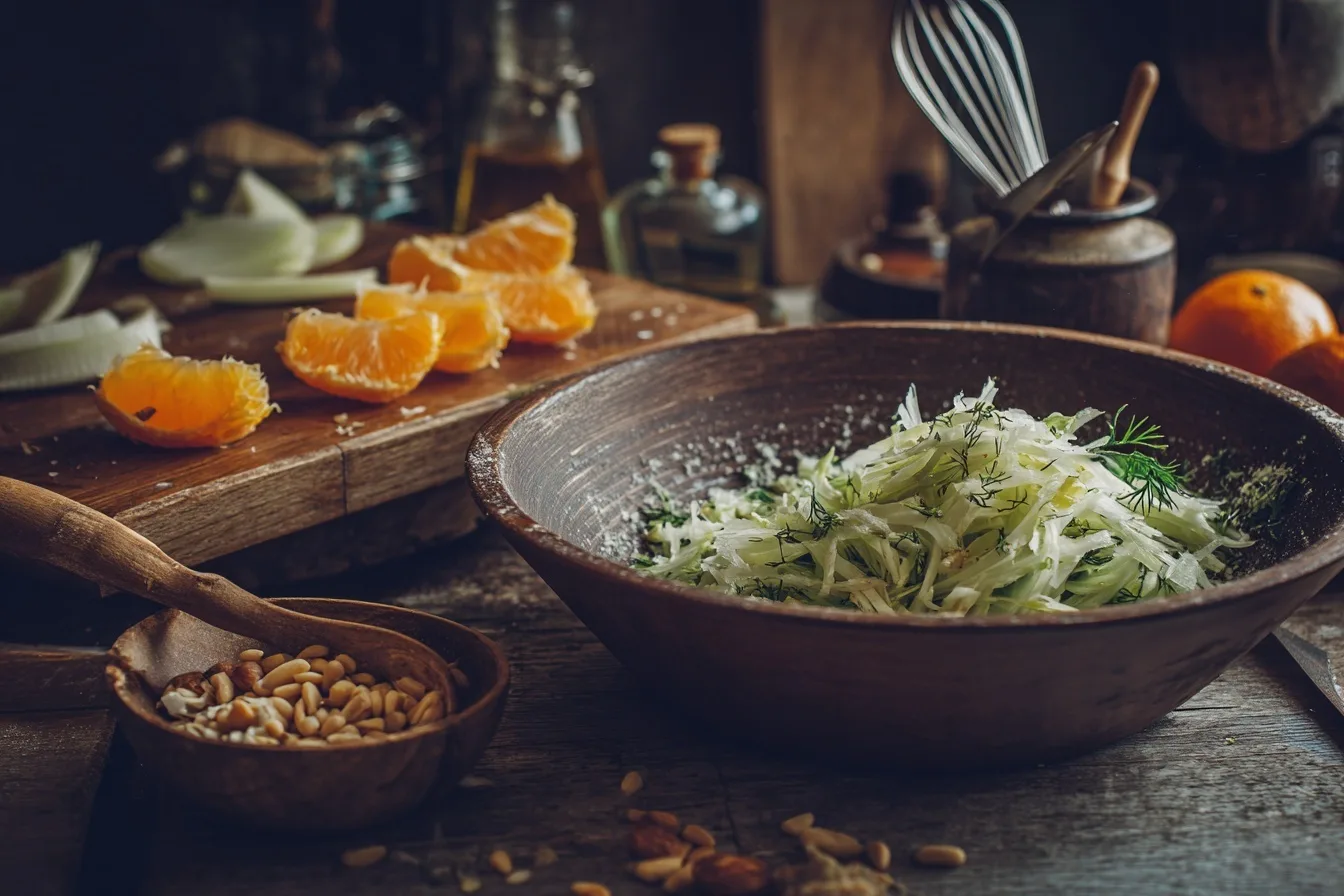 Zubereitung eines Fenchel Salat Italienisch in vier Schritten: Fenchel schneiden, Orangen filetieren, Dressing anrühren und Zutaten vorsichtig vermengen