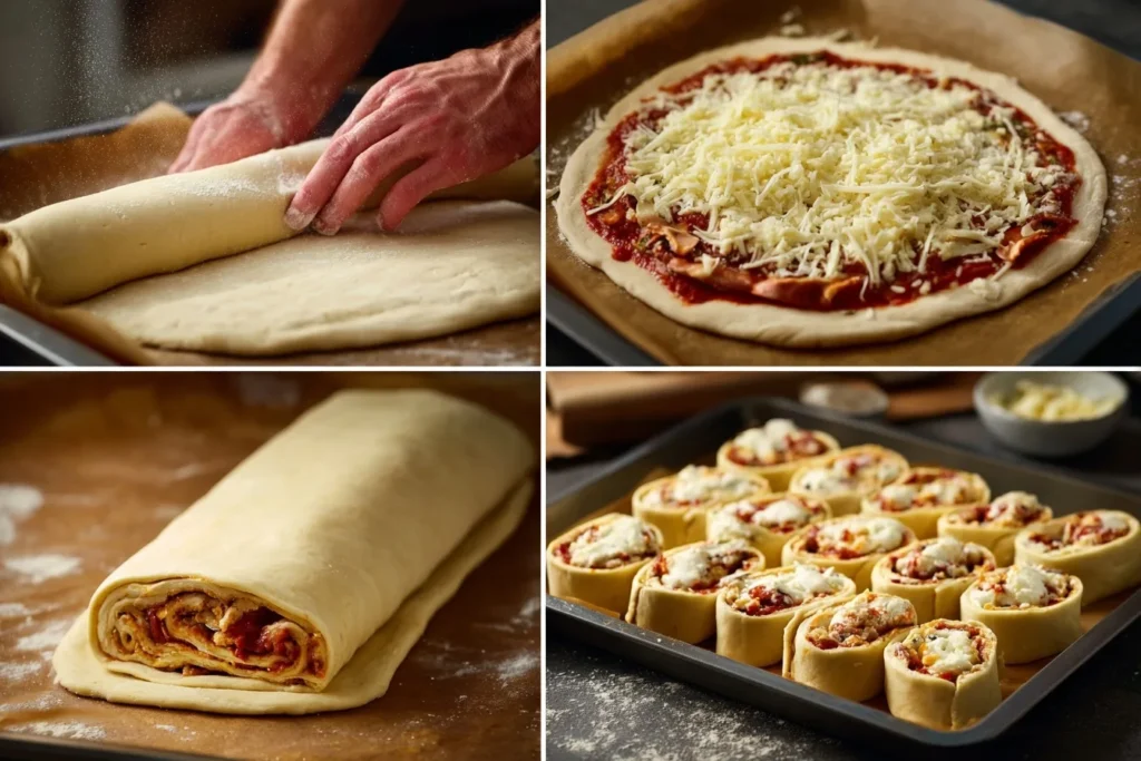 Zubereitung von Pizzaschnecken Low Carb mit vier Schritten vom Teig bis zum Schneiden der Rollen