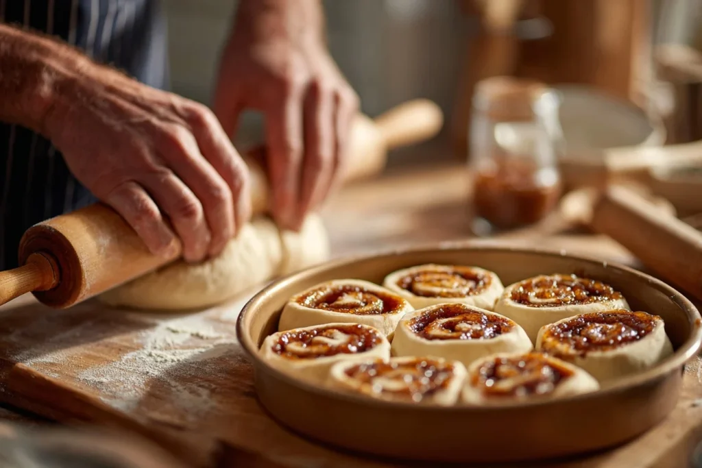 Zimtschneckenkuchen Zubereitung mit geknetetem Hefeteig, ausgerolltem Teig, Zimtfüllung und geschnittenen Teigrollen.