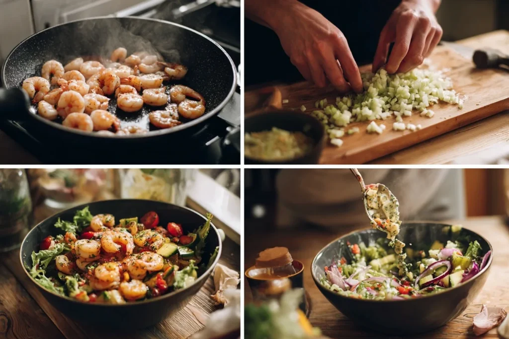 Salat mit Garnelen Zubereitung mit gebratenen Garnelen, geschnittenem Gemüse und frischem Dressing