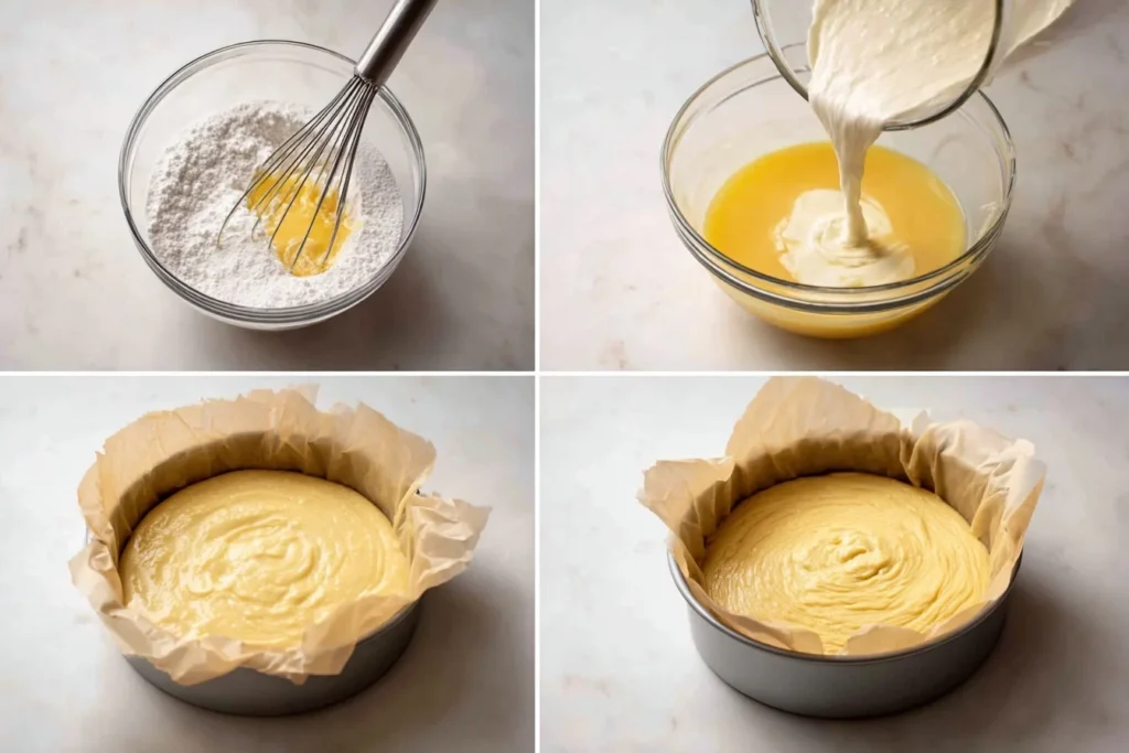 Zubereitung eines schnellen glutenfreien Kuchen in vier Schritten: Eier-Zucker schaumig schlagen, Butter-Milch-Vanille einrühren, glutenfreies Mehl unterheben und Teig in runde Backform füllen