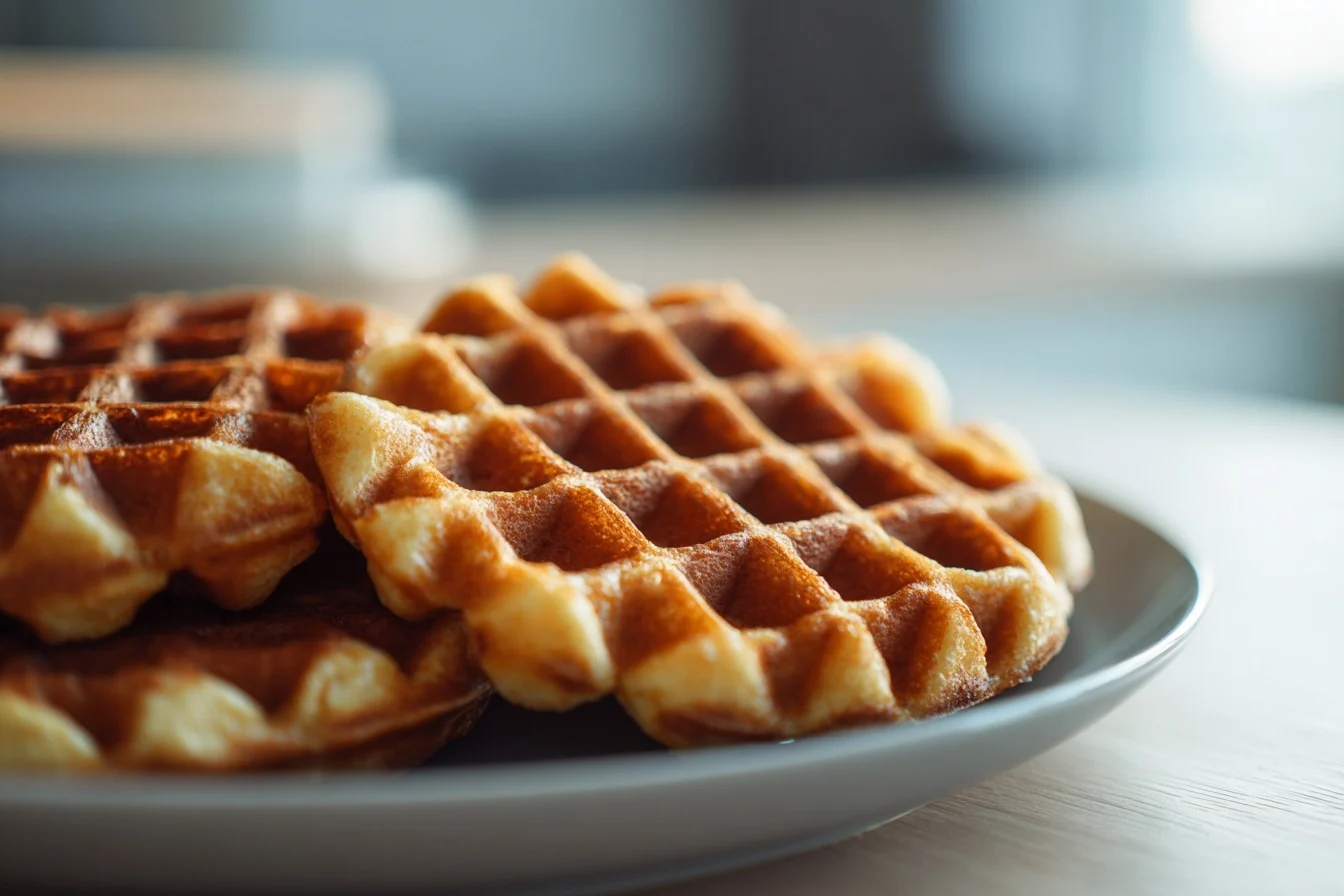 Keto Waffeln Kokosmehl Golden-brown keto waffles made with coconut flour, served on a rustic plate with fresh berries, sugar-free syrup, and a dusting of powdered erythritol.