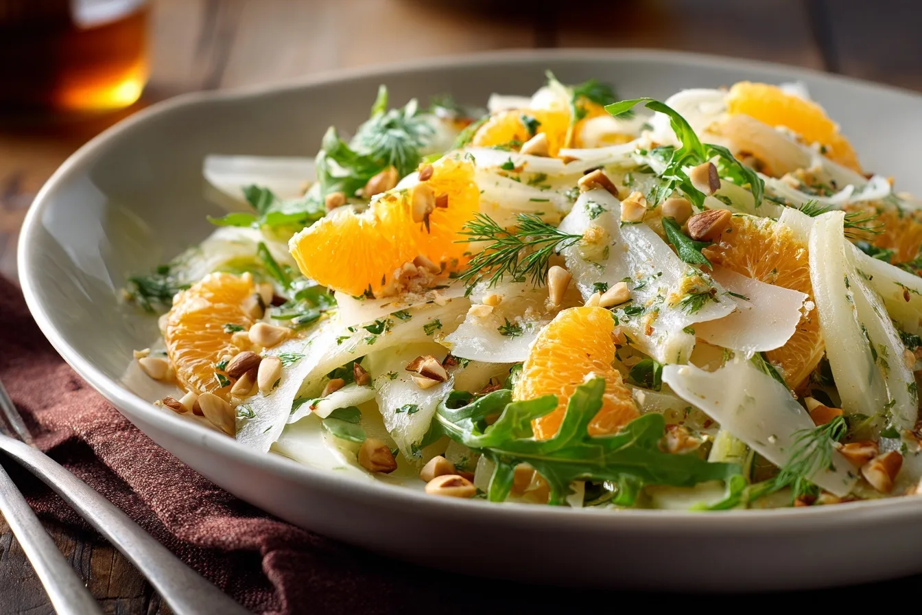 Eleganter Fenchel Salat Italienisch in weißer Schale mit Orangenstücken, Rucola, Parmesanspänen und Pinienkernen, Dressing glänzt auf den Zutaten