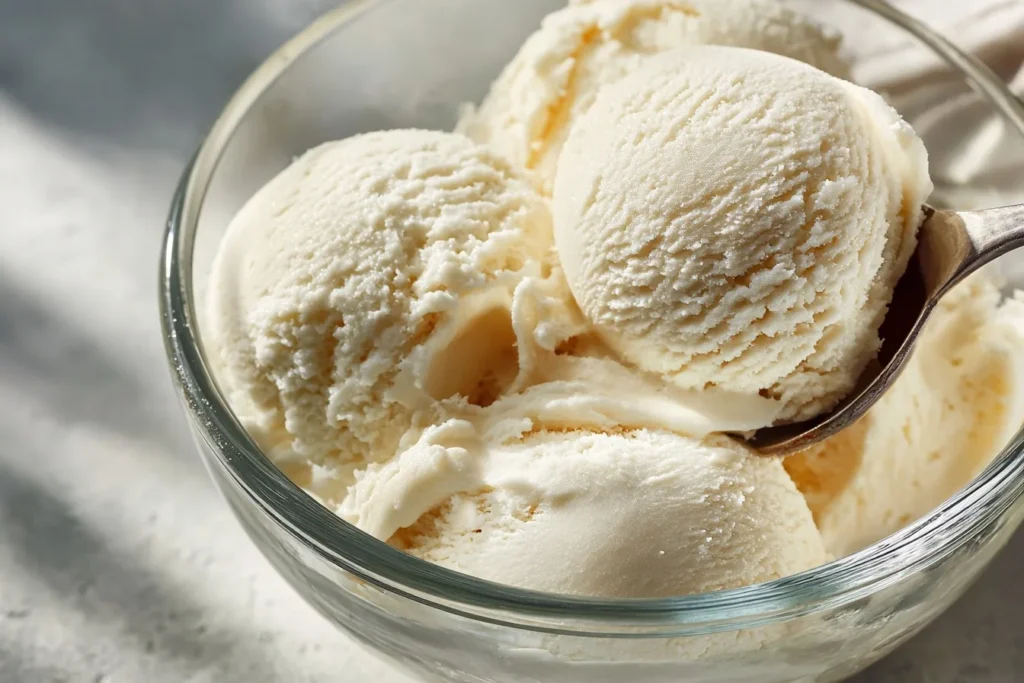 Keto Eis aus Kokosmilch und Sahne cremig serviert in einer Schale