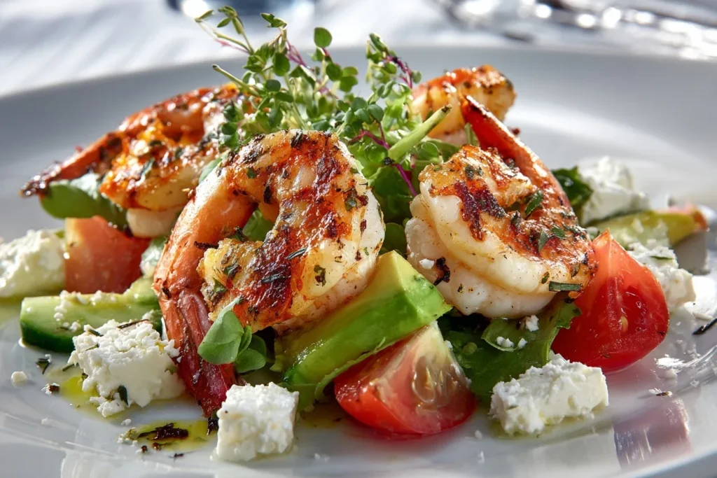 Salat mit Garnelen angerichtet mit Feta, Avocado, Kirschtomaten und frischen Kräutern