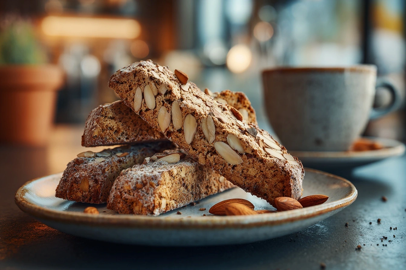 Cantuccini vegan, goldbraun und knusprig, mit gerösteten Mandeln, serviert auf einem rustikalen Teller neben einer Tasse Kaffee und einer Handvoll Mandeln.