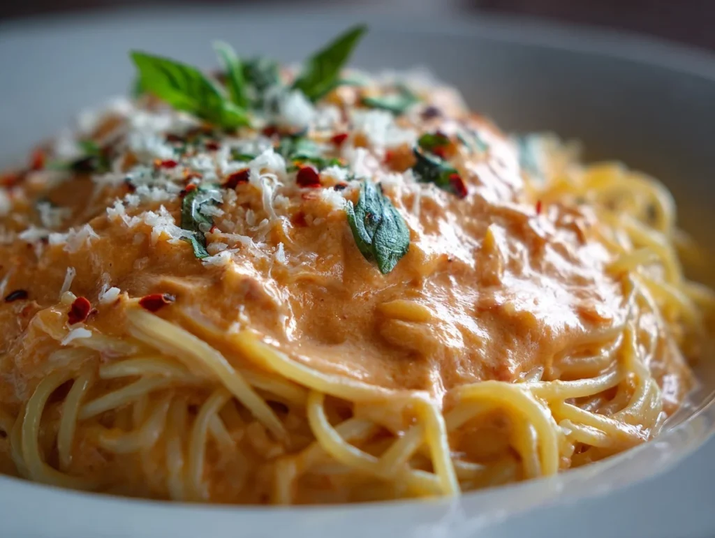 Dieses Bild zeigt die fertige Low Carb Nudelsoße mit cremiger Konsistenz, verfeinert mit Parmesan, frischem Basilikum und optionalen Chiliflocken. Ideal als gesunde Alternative zu klassischer Pastasoße.