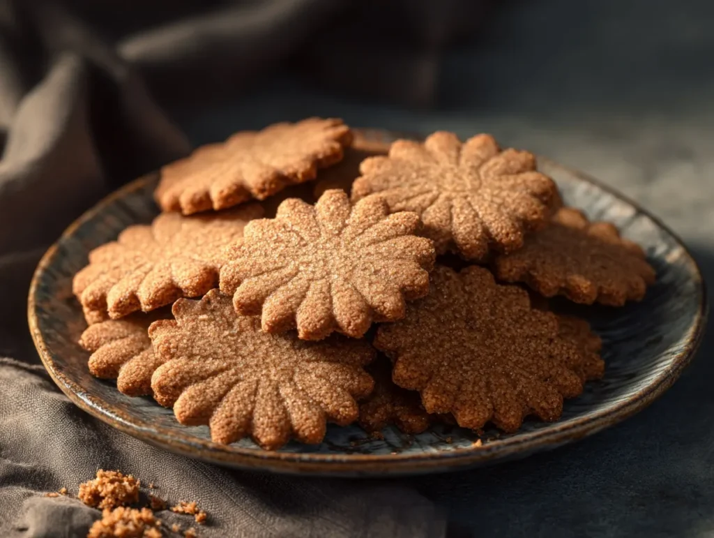 Low Carb Lebkuchen. A plate of homemade low-carb gingerbread cookies in festive shapes, decorated with sugar-free icing and dark chocolate drizzle, set on a cozy Christmas table.