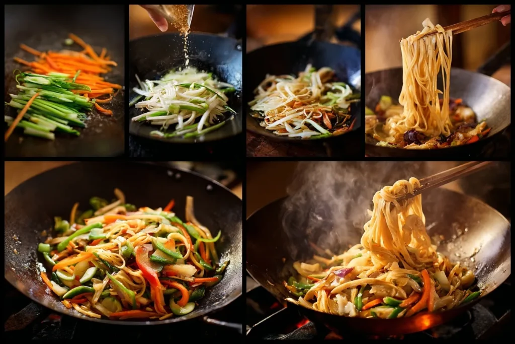 Mie Nudeln Vegan Zubereitung mit angebratenem Gemüse, gekochten Nudeln und Sojasauce