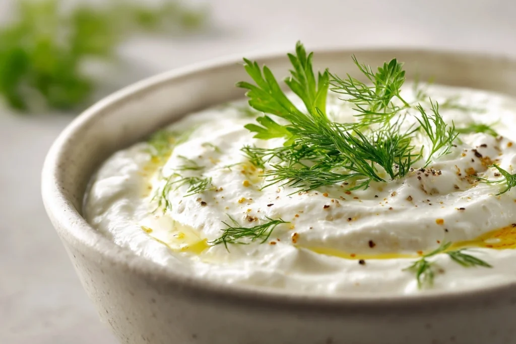 Eine Schale mit cremigem veganem Joghurt Dressing, garniert mit frischen Kräutern, umgeben von Gemüsesticks wie Karotten und Gurken auf einem rustikalen Holzbrett.
