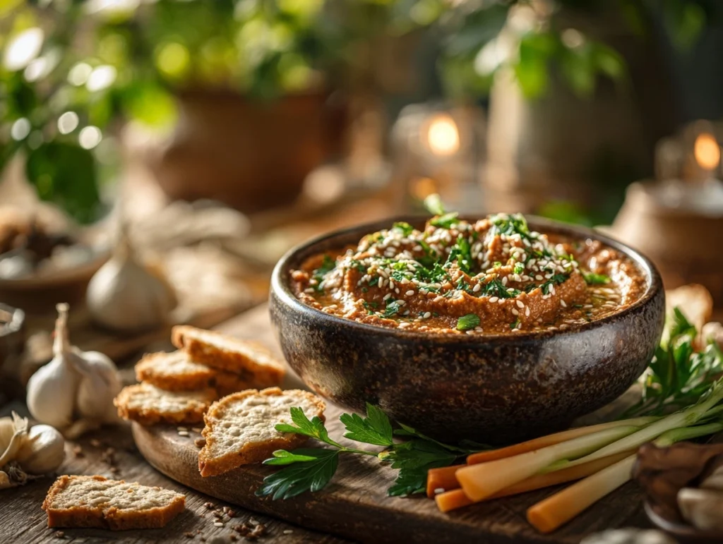 Cremiger Datteldip vegan, serviert in einer rustikalen Schale, garniert mit Olivenöl, Sesamsamen und frischer Petersilie, umgeben von Gemüse-Sticks.