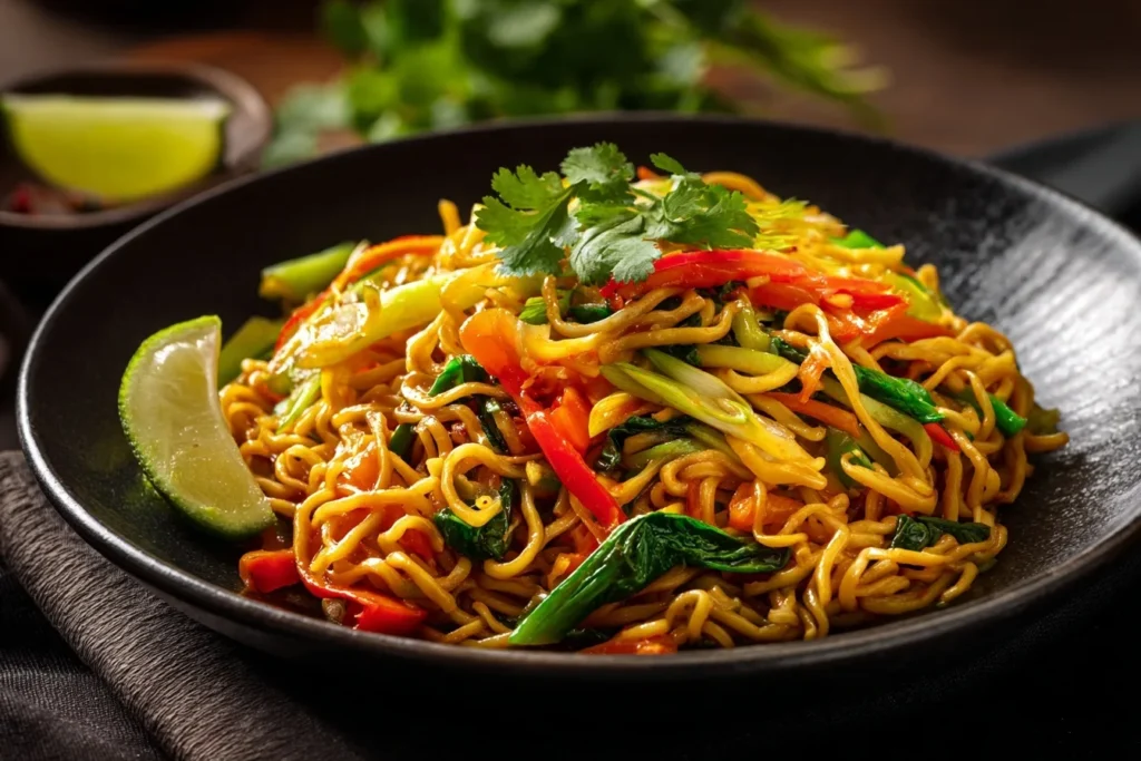 Mie Nudeln Vegan mit buntem Gemüse, Koriander und Limette serviert