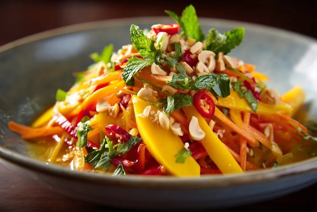Eleganter Mango Salat in flacher Keramikschale mit saftigen Mangostreifen, Karotten, roter Paprika, Koriander, Minze und gerösteten Erdnüssen, Dressing glänzt auf den Zutaten