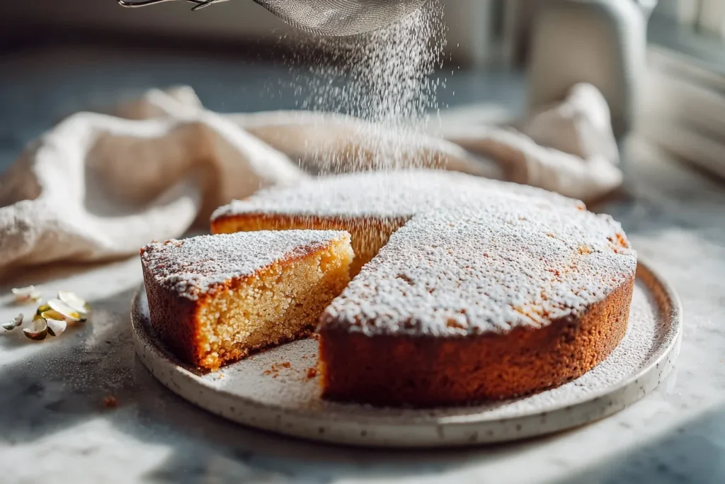 Frisch gebackener schneller glutenfreier Kuchen auf Kuchengitter mit Puderzucker bestäubt, goldbraune Oberfläche und zarter Riss, luftige Krume sichtbar