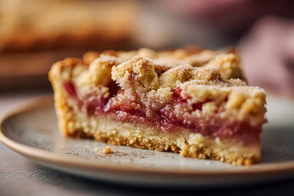Frisch gebackener Rhabarberkuchen mit Pudding vegan : Goldene Kruste, cremige Vanillepuddingfüllung und frische Rhabarberstücke, perfekt abgestimmt.