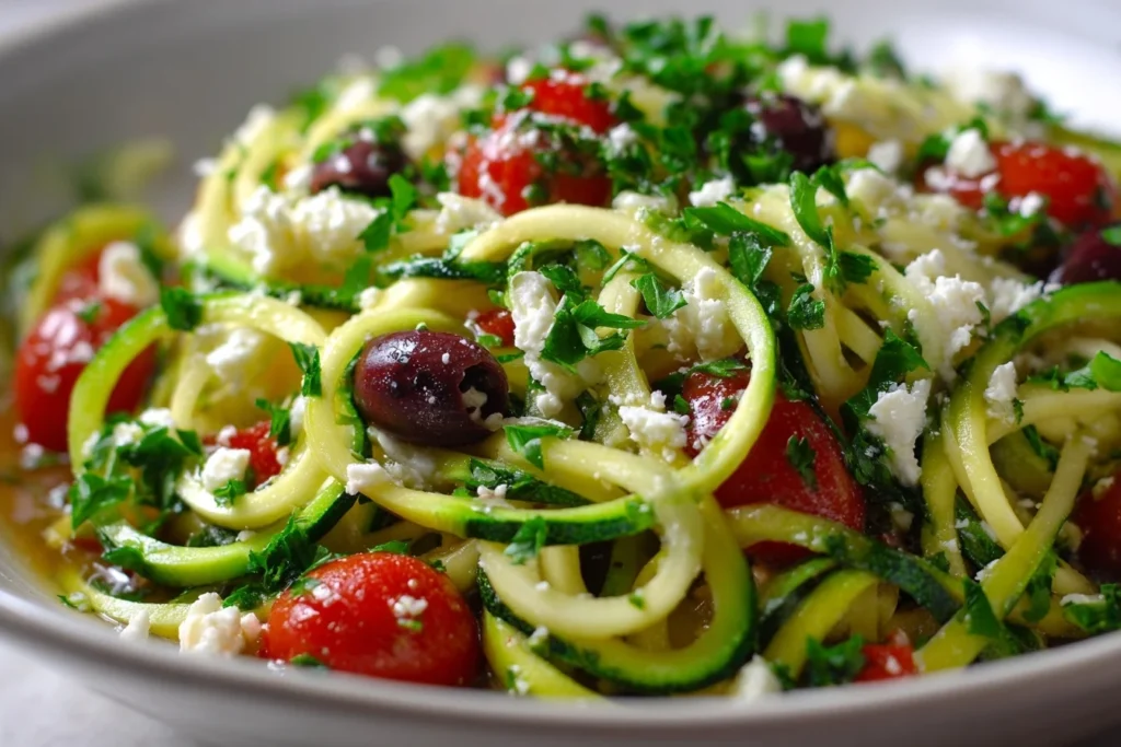 Low Carb Nudelsalat bunt gemischt mit Gemüse, Feta und Oliven in einer Schüssel angerichtet