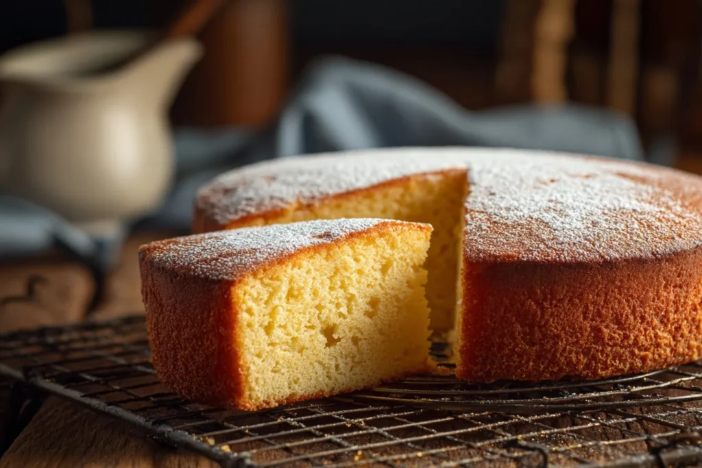 Frisch gebackener Kuchen Thermomix auf weißem Teller mit sichtbarem Zitronenabrieb, zarter Krume und goldbrauner Oberfläche