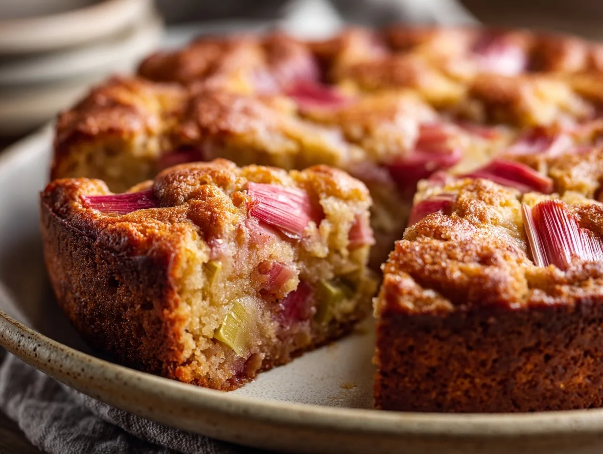 Frisch gebackener Rhabarberkuchen glutenfrei mit goldbrauner Kruste, saftigen Rhabarberstücken und Puderzucker, perfekt für einen süßen Genussmoment.